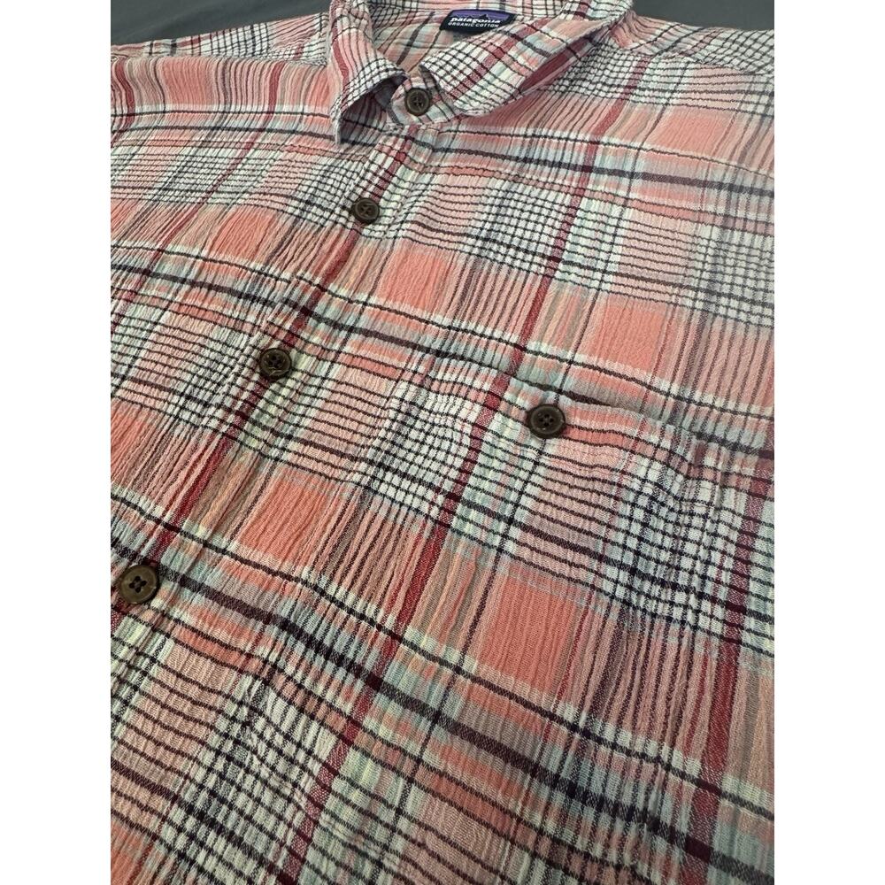 Patagonia A/C Shirt Mens Large Peach Plaid Organic Cotton Crinkle Button Up - Picture 8 of 13